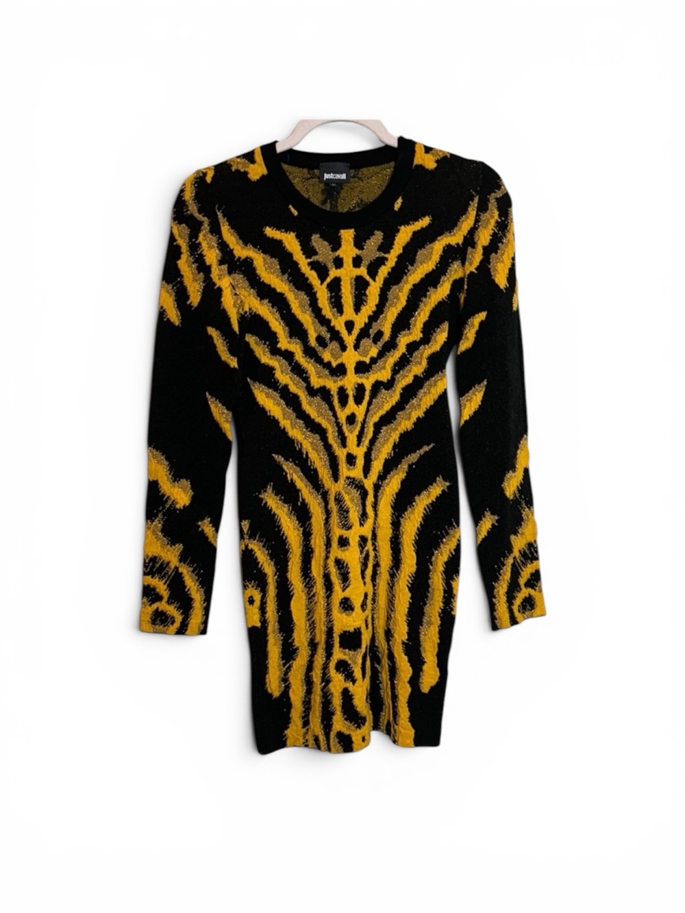 Roberto Cavalli Black and Yellow Animal Print Knit Dress